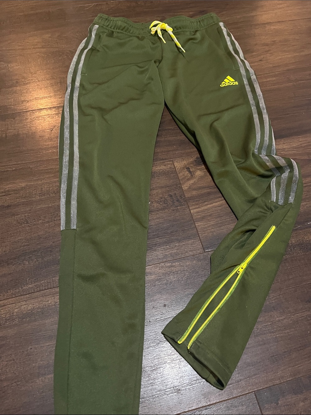 adidas Olive Green Kids Joggers with Neon Yellow Accents